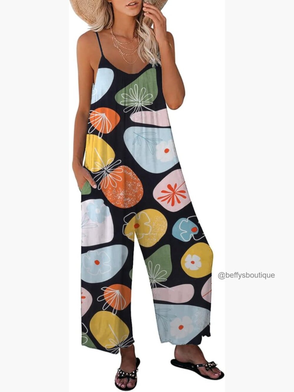 Womens Bohemian Loose Wide Leg Jumpsuit With Pockets Ltk